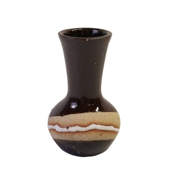 Vintage Pottery Bud Vase Studio Art Stoneware Brown Tan White Signed Decorative - Picture 2 of 9